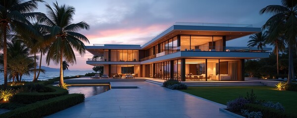 Exterior view of modern beachfront house at dusk. Tropical residence with palm trees and ocean view at sunset. Luxury villa with pool and lawn at sea coast. Real estate listing promotion.