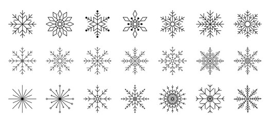 A set of snowflake icons. Graphic black and white element, isolated on a white background, vector illustration. Winter sign, symbol of snow, frost, Christmas for decoration, design, poster, postcard