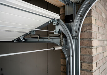 Garage door track and roller system with springs and cables ensuring smooth and balanced movement during opening and closing operations