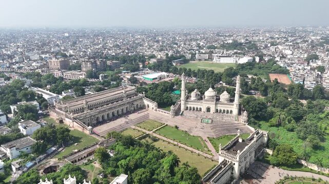 Aerial 4k shot of Bara Imambara at Husainabad, Lucknow, Uttar Pradesh, India	
