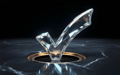 Crystal check mark on a marble surface symbolizing approval and confirmation