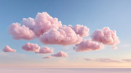 Dreamy pink clouds float in a serene blue sky at dawn with a soft horizon and calm ocean reflections