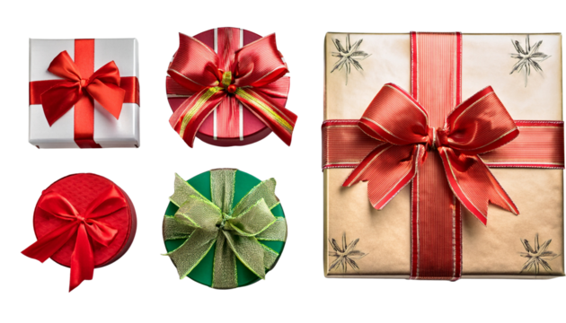 Assorted gift boxes set top view on white background