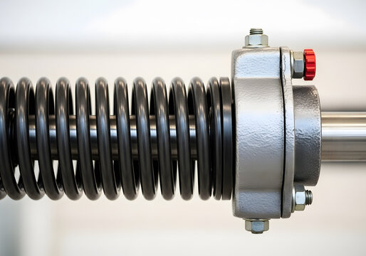Closeup of a torsion spring mechanism on a garage door, showcasing its function in counterbalancing the doors weight