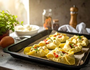 Freshly baked pastries on a tray with ingredients and sunlight