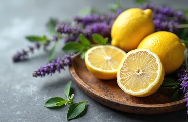 Fresh lemons, purple lavender flowers on wooden plate. Sliced citrus fruit with aromatic herbs for spa aromatherapy. Natural cosmetic ingredients for wellness, relaxation on grey textured background.
