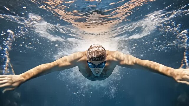 Underwater View of Man Swimming Butterfly Stroke in Pool