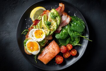 Delicious healthy breakfast plate with avocado toast, smoked salmon, poached eggs, fresh cherry tomatoes, and spinach on a black background - nutritious gourmet meal vibrant colors
