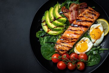 Delicious gourmet grilled salmon salad healthy meal with avocado, spinach, bacon, cherry tomatoes, and poached eggs elegant food photography vibrant colors keto diet low carb nutritious