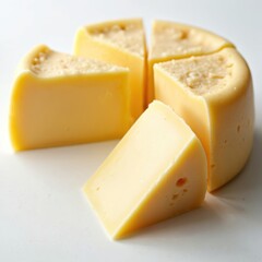 Pale yellow cheese wheel sliced into wedges. Closeup shot shows texture and holes. Isolated on white background, this food item is perfect for culinary use.