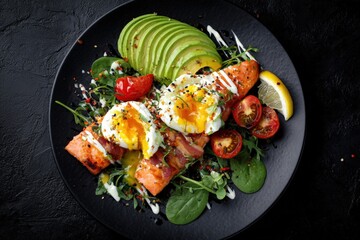 Delicious gourmet breakfast with poached eggs, avocado, smoked salmon, fresh greens, cherry tomatoes, healthy and nutritious brunch on black plate, vibrant colors, top view