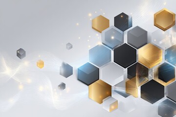 Abstract design featuring 3D geometric hexagons in gold, grey, and blue tones on a light background