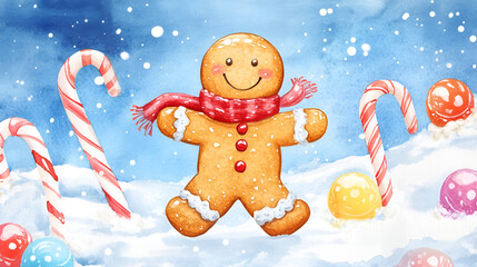 Obraz premium Gingerbread man in snowy scene with candy