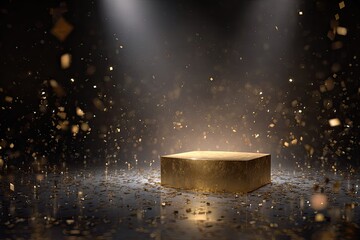 A golden stage is spotlighted, with confetti falling, against a dark background