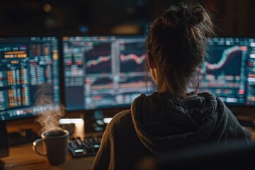 Focused woman stock trader analyzing financial data multiple monitors stock market trading desk nighttime analysis charts graphs financial indicators investment strategy