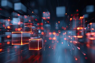 Abstract futuristic view of illuminated glass cubes and bokeh lights, low-angle, dark scene