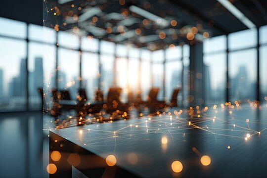 Modern office interior with boardroom, city view, and overlaid abstract network