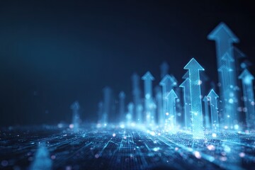 Digital upward arrows rise from a glowing network, representing growth and progress