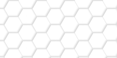 Emboss web hexagonal white technology line paper background. Hexagonal grid tile mosaic structure mess cell design. white and gray hexagon honeycomb football geometric copy space business texture.	
