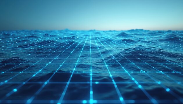 Digital ocean waves with grid overlay. Blue water surface with futuristic mesh pattern. Sea waves under digital network grid. Ocean with abstract tech design. 3D render of virtual sea landscape.
