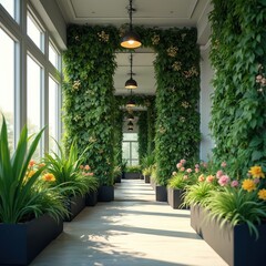 Fototapeta premium Green plant nursery interior. Corridor with large windows. Plants in pots along the passage. Rich green walls and ceiling decor. Beautiful indoor garden design for home or office.