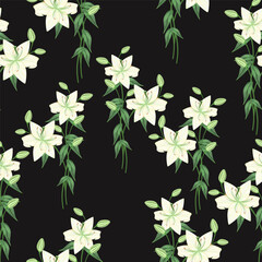 Seamless pattern of white lily flowers on a black background. Vector floral pattern for textiles, backgrounds, and wallpapers.