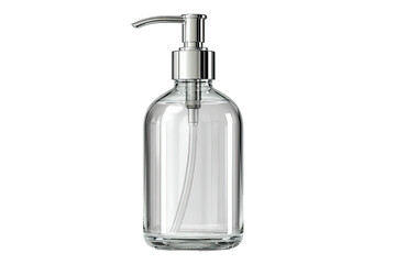 Clear glass dispenser w/ metal pump on a black background