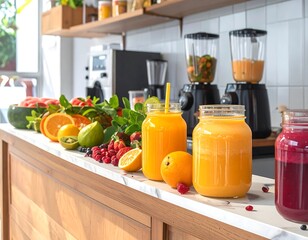 Freshly blended juices and fruits arranged on a countertop