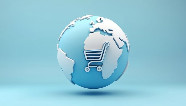 Stylized 3D earth globe features shopping cart icon. Global commerce concept represents online shopping delivery around world. Represents digital trade and retail markets worldwide.