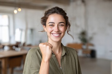 Confident young woman smiling showing fist in victory gesture casual modern office environment achievement success motivation empowerment positive attitude indoor workspace