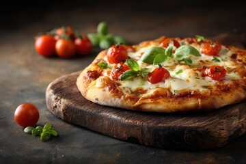 Freshly baked pizza with cherry tomatoes and basil on rustic wooden board