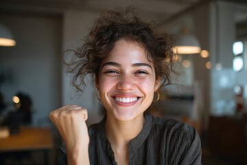 Cheerful young woman achieving success in modern office setting, smiling with confidence, celebrating achievements, empowered female professional, workplace motivation