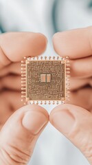 Fototapeta premium Tiny microchip held between fingers, intricate circuitry, golden color, microscopic details, biotechnology science.