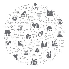Simple Set of disaster and storm Related Vector glyph Illustration. Contains such Icons as fire, landslide, flood, drought, Natural Disaster, tornado, lighting, fog, forest fire, tsunami, hurricane 