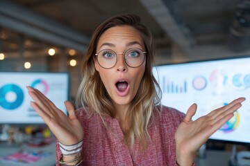 Surprised young woman professional in modern office with digital charts, shocked facial expression, glasses and casual outfit, bright workspace, business analytics, unexpected news reaction