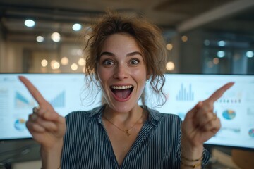 Excited young woman pointing at data charts, happy business success achievement, casual office environment, positive energy, financial growth analysis brainstorming session