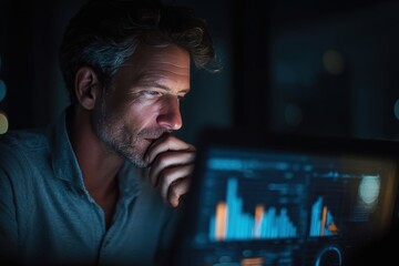 Focused mature businessman analyzing data on computer screen late at night thoughtful serious working on charts and graphs in dark modern office setting technology professional