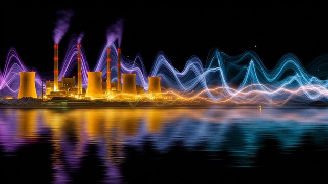 Industrial power plant reflections in colorful night lightscape
