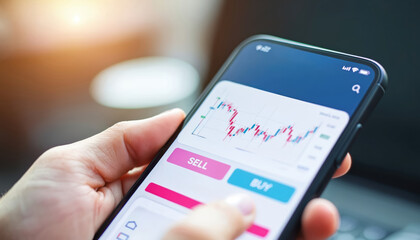 Person holds phone with stock market trading app. Investor analyzes charts. App shows buy and sell buttons. Online banking and trading concept. Finance growth with stock exchange.
