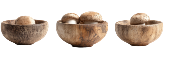 Mushrooms in three wooden bowls, rustic and earthy still-life