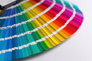 Color guide. Set of color cards on white background. Vibrant colors palette guide. Paper fan used for graphic design work, choosing. Color-accurate swatches picker. Various shades and tones Assortment