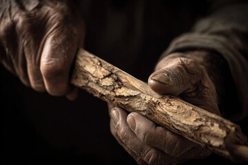Aged hands skillfully carving wood detailed close-up craftsmanship artistry traditional woodworking dark background rustic handmade artisan work creative tactile