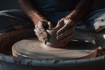 Skilled artisan shaping clay on pottery wheel hands-on craftsmanship artistic creativity traditional ceramic art making studio natural light focused work detail-oriented craftsmanship