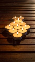 A collection of candles arranged in a triangular formation on wood