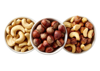 Three bowls filled with nuts