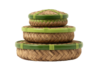 Stacked woven round baskets w/ green trim, isolated view