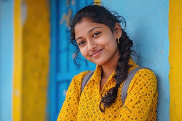 Fototapeta premium Happy Indian girl student smiles brightly while leaning against a vibrant wall in a schoolyard during the day
