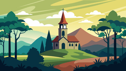 Naklejka premium Church in the countryside landscape scene