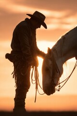 Silhouetted cowboy stroking his horse at sunset in rural field Western lifestyle equestrian caretaking bond rustic country horizon serene sunset equestrian scene