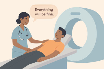 Flat vector of nurse preparing patient for CT scan with warm communication